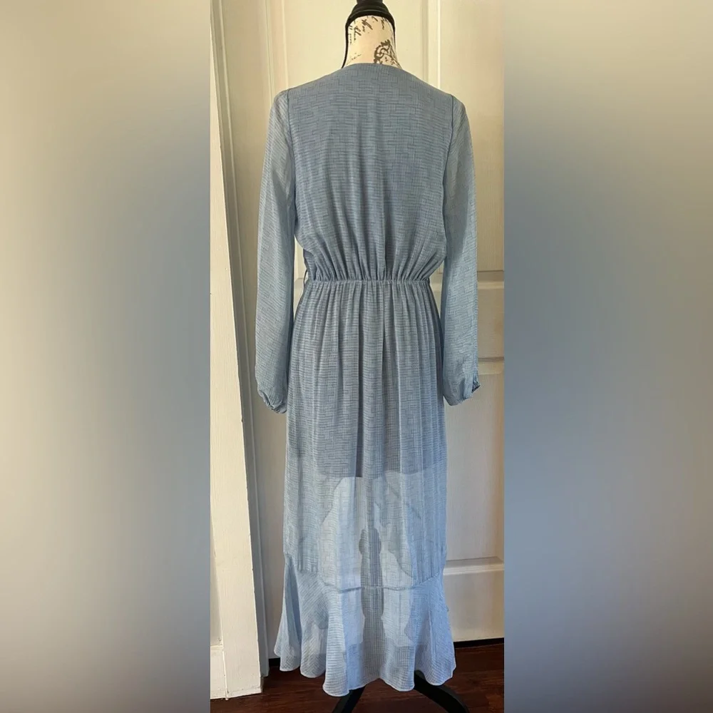NWOT Light Blue Overlay Sheer Dress, by NSR, Hi low, Sheer Long sleeves, Medium - Picture 5 of 15